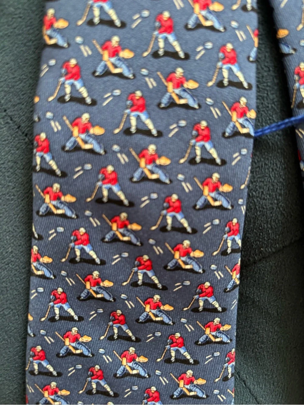 Vineyard Vines Navy Silk Tie with Red and Gold Hockey Players